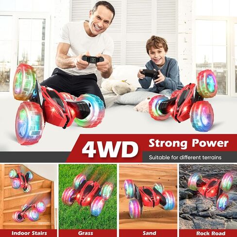 Remote Control Car, RC Cars Toys for Boys Ages 4-12, Double Sided 360°Rotating 4WD RC Cars with Headlights & Wheel Lights, 2.4Ghz, Christmas Birthday Gifts for Boys in Kuwait