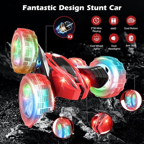 Remote Control Car, RC Cars Toys for Boys Ages 4-12, Double Sided 360°Rotating 4WD RC Cars with Headlights & Wheel Lights, 2.4Ghz, Christmas Birthday Gifts for Boys in Kuwait