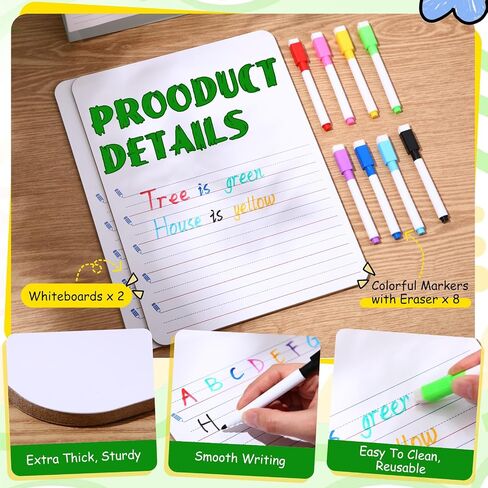 Lincia 2 Sets Dry Erase Boards Double Sided Small Whiteboard 9" x 12" Elementary Primary Whiteboard with Picture Space and Lines Draw and Write Story for Easter Gift,8 Colors Pens with Erase in Saudi Arabia