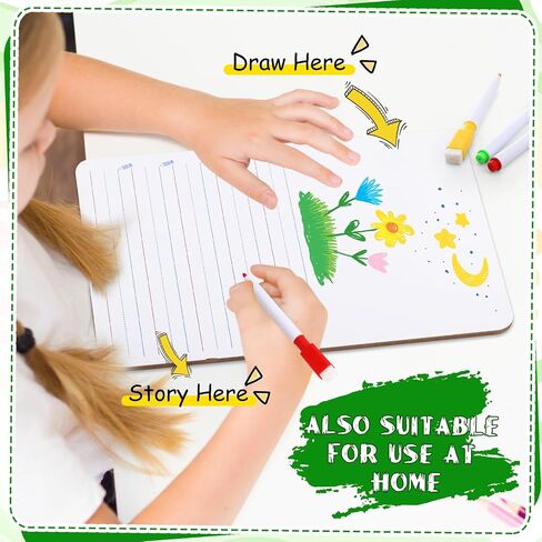 Lincia 2 Sets Dry Erase Boards Double Sided Small Whiteboard 9" x 12" Elementary Primary Whiteboard with Picture Space and Lines Draw and Write Story for Easter Gift,8 Colors Pens with Erase in Saudi Arabia