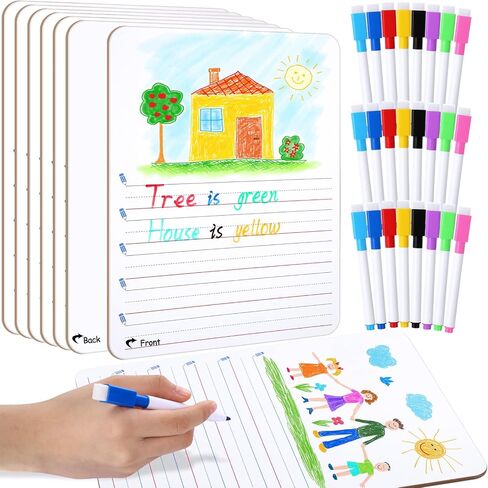 Lincia 2 Sets Dry Erase Boards Double Sided Small Whiteboard 9" x 12" Elementary Primary Whiteboard with Picture Space and Lines Draw and Write Story for Easter Gift,8 Colors Pens with Erase in Saudi Arabia