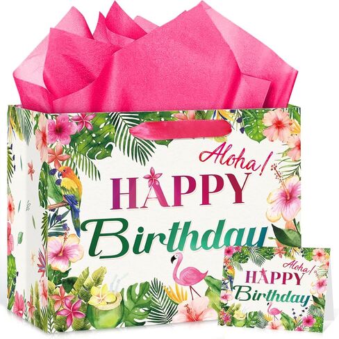 Innovoscape Hawaiian Luau Birthday Party Decorations Hawaiian Aloha Birthday Gift Bag with Palm Leaf Bday Tissue Papers and Card Summer Tropical Wrapping Bag for Luau Aloha Tiki Bday Party in Saudi Arabia