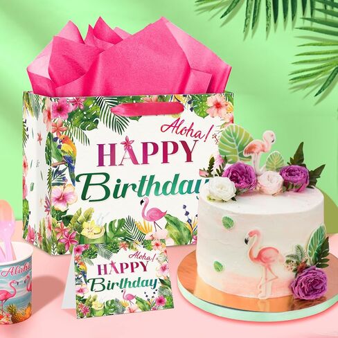 Innovoscape Hawaiian Luau Birthday Party Decorations Hawaiian Aloha Birthday Gift Bag with Palm Leaf Bday Tissue Papers and Card Summer Tropical Wrapping Bag for Luau Aloha Tiki Bday Party in Saudi Arabia