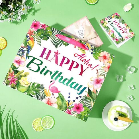 Innovoscape Hawaiian Luau Birthday Party Decorations Hawaiian Aloha Birthday Gift Bag with Palm Leaf Bday Tissue Papers and Card Summer Tropical Wrapping Bag for Luau Aloha Tiki Bday Party in Saudi Arabia