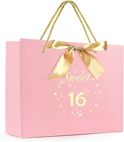 Yiran Birthday Gift Bag with Handles and Ribbon for 16 Year Old Gilrs Gift Wrapping, Sweet 16 Paper Gift Bags, Teens Happy Birthday Gift Bag, Pink and Gold Party Decorations Supplies in Kuwait