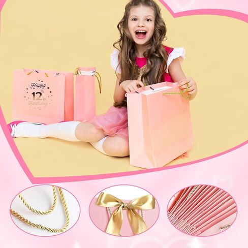 Yiran Birthday Gift Bag with Handles and Ribbon for 16 Year Old Gilrs Gift Wrapping, Sweet 16 Paper Gift Bags, Teens Happy Birthday Gift Bag, Pink and Gold Party Decorations Supplies in Kuwait