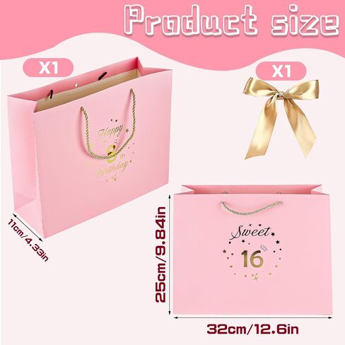 Yiran Birthday Gift Bag with Handles and Ribbon for 16 Year Old Gilrs Gift Wrapping, Sweet 16 Paper Gift Bags, Teens Happy Birthday Gift Bag, Pink and Gold Party Decorations Supplies in Kuwait