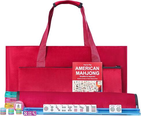 American Mahjong Game Set, 166 Premium White Tiles, 4 All-in-One Color Rack/Pushers, Complete Mahjongg Set Blue Carrying Bag in Kuwait