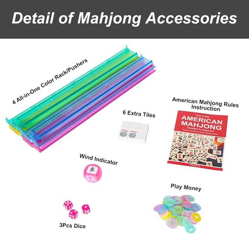 American Mahjong Game Set, 166 Premium White Tiles, 4 All-in-One Color Rack/Pushers, Complete Mahjongg Set Blue Carrying Bag in Kuwait