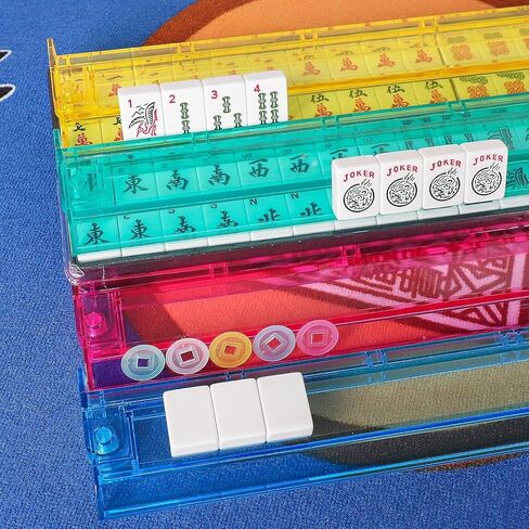 American Mahjong Game Set, 166 Premium White Tiles, 4 All-in-One Color Rack/Pushers, Complete Mahjongg Set Blue Carrying Bag in Kuwait