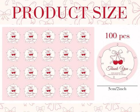 Whaline 100Pcs She's The Cherry On Top Thank You Stickers 2 Inch Sweet Cherry with Bowknot Party Decorations Adhesive Round Labels for Birthday Baby Shower Bridal Shower Anniversary in Saudi Arabia