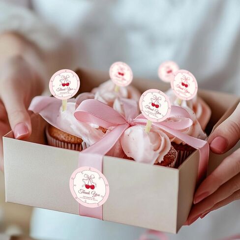 Whaline 100Pcs She's The Cherry On Top Thank You Stickers 2 Inch Sweet Cherry with Bowknot Party Decorations Adhesive Round Labels for Birthday Baby Shower Bridal Shower Anniversary in Saudi Arabia