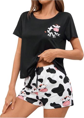 طقم بيجامة نسائي من WDIRARA بأكمام قصيرة وطبعة بقرة كرتونية وأكمام قصيرة وسروال قصير in Kuwait