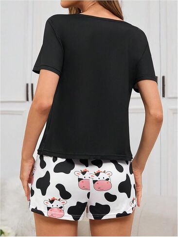 طقم بيجامة نسائي من WDIRARA بأكمام قصيرة وطبعة بقرة كرتونية وأكمام قصيرة وسروال قصير in Kuwait