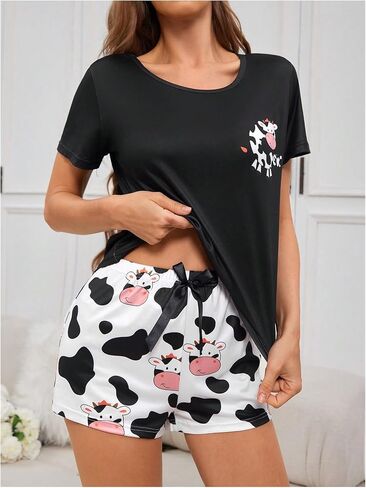 طقم بيجامة نسائي من WDIRARA بأكمام قصيرة وطبعة بقرة كرتونية وأكمام قصيرة وسروال قصير in Kuwait