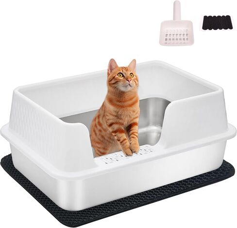 Medium Low Entry Enclosed Stainless Steel Cat Litter Box with lid Scoop and Pads Easy Clean Kitten Kitty White Metal Litter Box in Kuwait