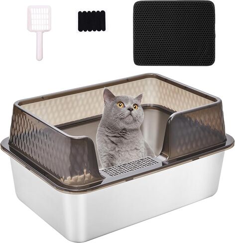 Medium Low Entry Enclosed Stainless Steel Cat Litter Box with lid Scoop and Pads Easy Clean Kitten Kitty White Metal Litter Box in Kuwait