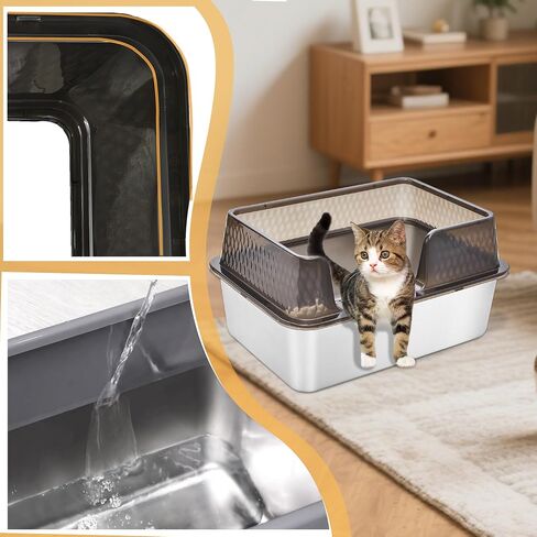 Medium Low Entry Enclosed Stainless Steel Cat Litter Box with lid Scoop and Pads Easy Clean Kitten Kitty White Metal Litter Box in Kuwait