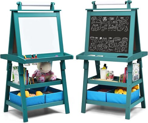 MAT Expert Kids Art Easel, 2-Side Child Easel w/Magnetic Whiteboard, Chalkboard & Paper Roll, Storage Easel w/2-Tier Rack & 2 Storage Boxes, 3 in 1 Toddler Art Craft Supply Drawing Easel (Coffee) in Saudi Arabia