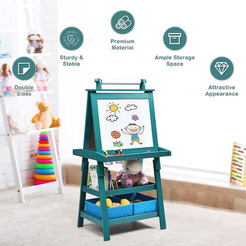 MAT Expert Kids Art Easel, 2-Side Child Easel w/Magnetic Whiteboard, Chalkboard & Paper Roll, Storage Easel w/2-Tier Rack & 2 Storage Boxes, 3 in 1 Toddler Art Craft Supply Drawing Easel (Coffee) in Saudi Arabia