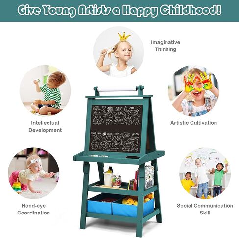 MAT Expert Kids Art Easel, 2-Side Child Easel w/Magnetic Whiteboard, Chalkboard & Paper Roll, Storage Easel w/2-Tier Rack & 2 Storage Boxes, 3 in 1 Toddler Art Craft Supply Drawing Easel (Coffee) in Saudi Arabia