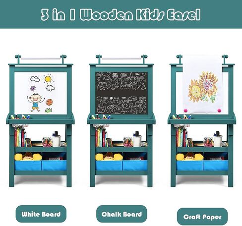 MAT Expert Kids Art Easel, 2-Side Child Easel w/Magnetic Whiteboard, Chalkboard & Paper Roll, Storage Easel w/2-Tier Rack & 2 Storage Boxes, 3 in 1 Toddler Art Craft Supply Drawing Easel (Coffee) in Saudi Arabia