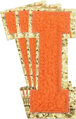 MECCANIXITY 3Pcs Chenille Letters Patches Large Size 3.15"x1.38" Iron-on Letters I Golden Glitter Embroidered Patches for Clothing, Shoes, Hats, Backpacks (Orange) in Kuwait