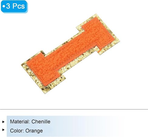 MECCANIXITY 3Pcs Chenille Letters Patches Large Size 3.15"x1.38" Iron-on Letters I Golden Glitter Embroidered Patches for Clothing, Shoes, Hats, Backpacks (Orange) in Kuwait