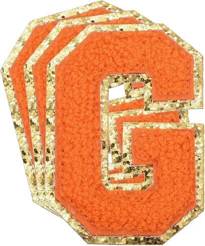 MECCANIXITY 3Pcs Chenille Letters Patches Large Size 3.15"x1.38" Iron-on Letters I Golden Glitter Embroidered Patches for Clothing, Shoes, Hats, Backpacks (Orange) in Kuwait