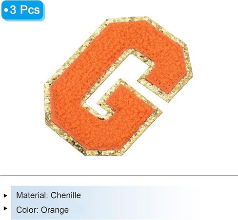 MECCANIXITY 3Pcs Chenille Letters Patches Large Size 3.15"x1.38" Iron-on Letters I Golden Glitter Embroidered Patches for Clothing, Shoes, Hats, Backpacks (Orange) in Kuwait