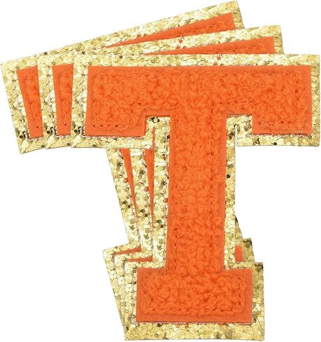 MECCANIXITY 3Pcs Chenille Letters Patches Large Size 3.15"x1.38" Iron-on Letters I Golden Glitter Embroidered Patches for Clothing, Shoes, Hats, Backpacks (Orange) in Kuwait