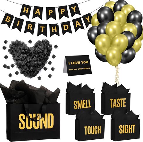 Soulchen 5 Senses هدية عيد ميلاد ديكورات خمسة حواس الحقائب هدية الديكور مع عيد ميلاد سعيد لافتة طعم اللمس البتلات الوردية البالون للحفلة (الذهب الأسود) in Kuwait