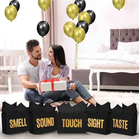 Soulchen 5 Senses هدية عيد ميلاد ديكورات خمسة حواس الحقائب هدية الديكور مع عيد ميلاد سعيد لافتة طعم اللمس البتلات الوردية البالون للحفلة (الذهب الأسود) in Kuwait