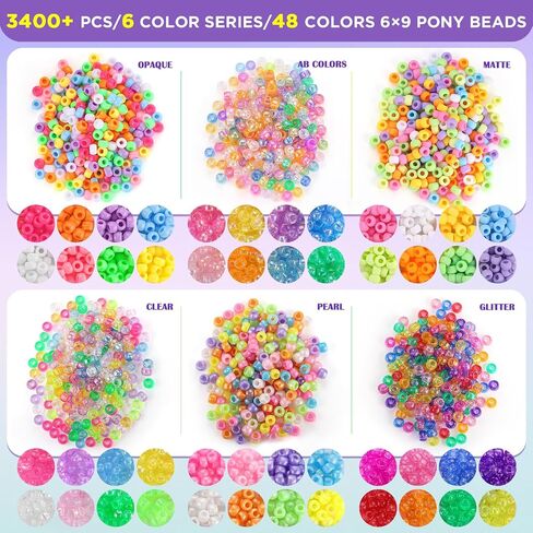 Pony Beads Bulk, 3400pcs+ Kandi Beads for Bracelets, Funtopia 36 Colors Plastic Beads for Craft, Rainbow Hair Beads for Braids, Colored Beads for DIY Projects Jewelry Making (6x9mm) in Kuwait