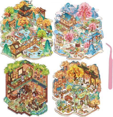 4 Sets DIY 3D Fun Vintage House Scene Stickers with Tweezers Make Your Own Ancient Chinese Sticker Scenes Micro Room Craft Stickers for Relief Stress Pass The Time in Kuwait