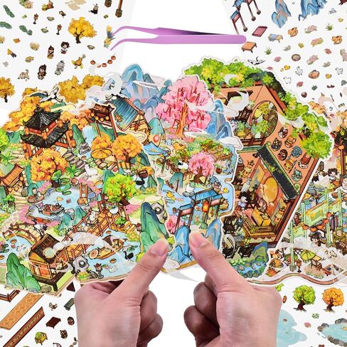 4 Sets DIY 3D Fun Vintage House Scene Stickers with Tweezers Make Your Own Ancient Chinese Sticker Scenes Micro Room Craft Stickers for Relief Stress Pass The Time in Kuwait