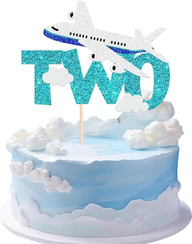 1 Pack Two Airplane Cake Topper Glitter Airplane Sign Oh How Time Files Cake Pick Second Birthday Cake Decorations for Plane Theme 2nd Year Old baby shower Birthday Party Supplies Blue White in Saudi Arabia