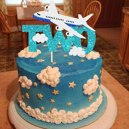 1 Pack Two Airplane Cake Topper Glitter Airplane Sign Oh How Time Files Cake Pick Second Birthday Cake Decorations for Plane Theme 2nd Year Old baby shower Birthday Party Supplies Blue White in Saudi Arabia