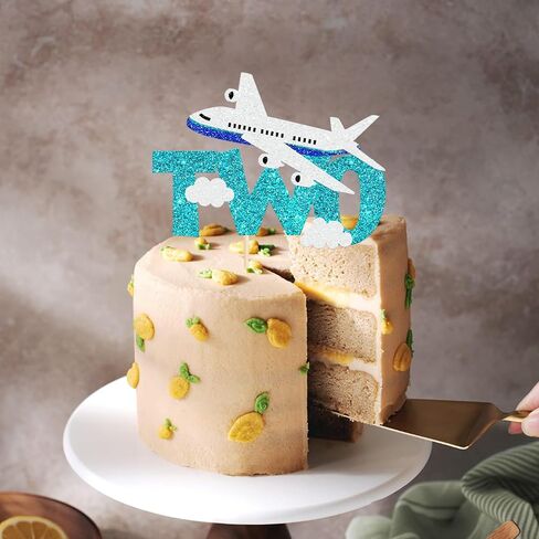 1 Pack Two Airplane Cake Topper Glitter Airplane Sign Oh How Time Files Cake Pick Second Birthday Cake Decorations for Plane Theme 2nd Year Old baby shower Birthday Party Supplies Blue White in Saudi Arabia