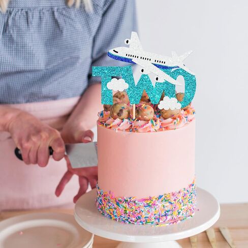 1 Pack Two Airplane Cake Topper Glitter Airplane Sign Oh How Time Files Cake Pick Second Birthday Cake Decorations for Plane Theme 2nd Year Old baby shower Birthday Party Supplies Blue White in Saudi Arabia