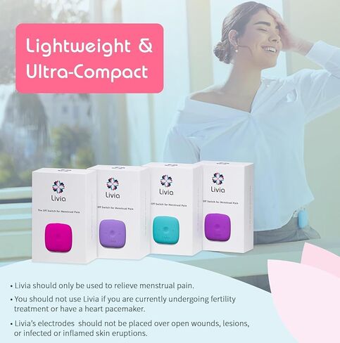Livia Menstrual Pain Relief Device, Lavender - The Off Switch for Period Pain - Portable Unit with Stick-on Pads for Period Cramps - Rechargeable - Up to 12 Hours Battery Life - Complete Kit in Kuwait