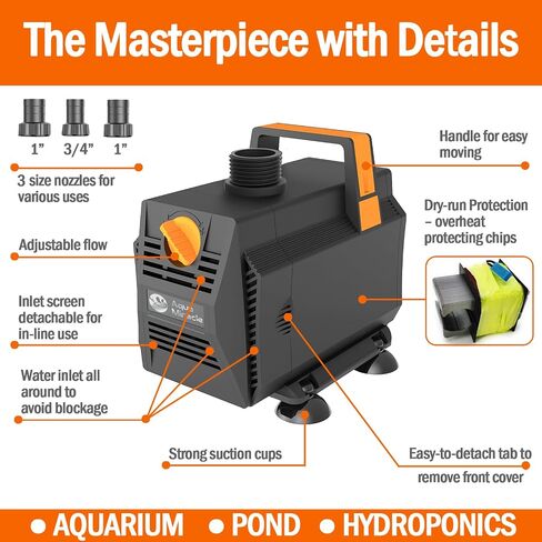 AquaMiracle 880GPH Aquarium Water Pumps (3330L/H, 45W) Fountain Pump Pond Pump Submersible Water Pump with Flow Control for Fountain, Waterfall, Statuary, Filtration, Water feature, Hydroponics in Kuwait