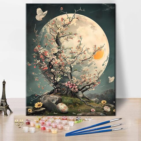DIY Easter Paint by Numbers Kit for Adults, Peach Trees Under The Moon Party Paint by Numbers, Tree of Life Abstract Artwork Paint by Numbers Kit Beginner for Home Wall Painting Decor Gift, 16"x 20" in Saudi Arabia