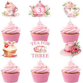Cheereveal 24pcs Pink Tea Party 3rd عيد ميلاد القبعات العليا ، الشاي لثلاثة زينة ، حديقة الربيع خمر شاي Teapot تحت عنوان ثالث Bay Bay Baby Shower Party Supplies