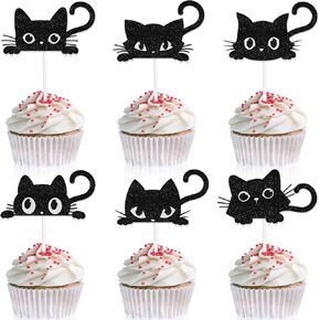 Set of 18 Black Glitter Pet Cat Themed Kids Happy Birthday Cupcake Toppers - Birthday Party, Baby Shower Party, Cat Themed Party, or Pet Themed Party Decorations Both boys and girls will love