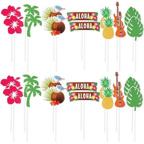28 PCS Hawaiian Cake Decorations ، Summer Beach Cupcake Topcake Topcake Topcake Topcake مع الأناناس جوز الهند