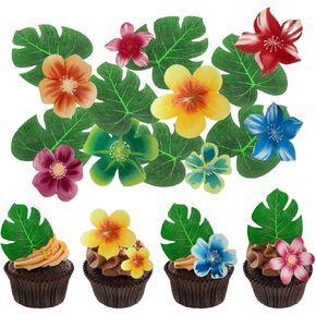 88 قطعة أوراق النخيل الاستوائية و Hawaii Flowers Cupcake Toppers for Hawaii Jungle Safari Summer Summer Party Cake Cupcake ، Green