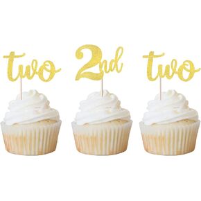 Rsstarxi 24 Pack 2nd Birthday Cupcake Toppers Glitter Two Cupcake Picks for Baby Shower Anniversary Party Cake Decorations Supplies Red