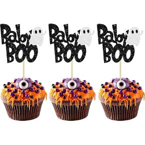 24Pcs Baby Boo Cupcake Toppers Black Glitter Spooky Little Boo Ghost Cupcake Picks for Halloween Theme Baby Shower Kids Boys Girls Birthday Party Cake Decorations Supplies