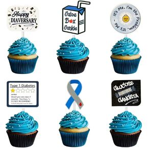 12pk Dainted Dialserary Cupcake Topper Kit - فكاهة T1D التعبيرية ، المراسلة المضحكة - الاحتفال بالشخصيات